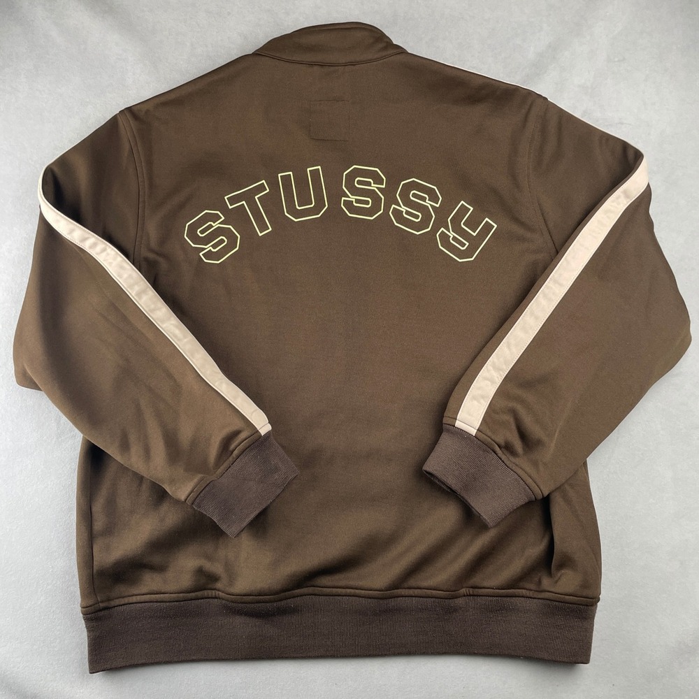 Vintage Stussy Track Jacket Mens L Full Zip Brown Tan Logo Y2K Rare Streetwear
